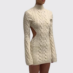 Beige Open Back Knit Mini Turtleneck Dress