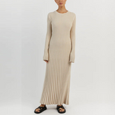 Beige Long Sleeve Knit Midi Dress