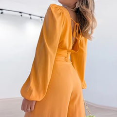 Casual solid color V-neck waist loose pants suit