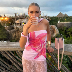 Sierra Pink Floral Mesh Halter Top