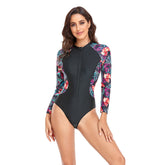 Floral Marble Print Contrasted Long Sleeve One Piece Swimsuit