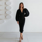 Long sexy deep V-neck lantern sleeve hip dress
