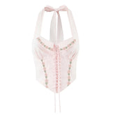 Pink Floral Embroidery Lace Up Halter Top