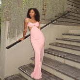 Pink 3d Floral Cut Out Tie Up Maxi Dress