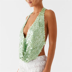 Deep Neck Sequin Halter Top �Backless Shine