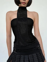Black and Beige High Neck Sleeveless Sequin Tank Top - Backless Style