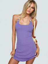 Purple Halter Beaded Mini Dress