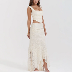 Cream Lace Details Midi Dress Set
