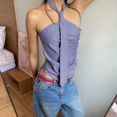 Blue Striped Halter Tie Detail Top