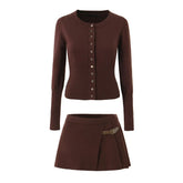 Knit Buttoned Long Sleeve Top And Pleated Mini Skirt