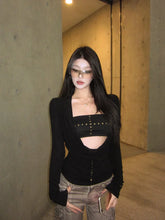 Black Long Sleeve Cut Out Drape Halter Top - Y2K Skinny Fit
