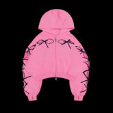 Ribbion Cut Out Design Zipper Crop Hoodie