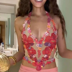 Flower Embroidery V Neck Mesh Crop Top