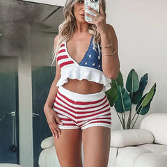 American Flag Knit Halter Crop Top And Shorts Set