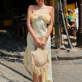 Beige Floral Frill Halter Midi Dress