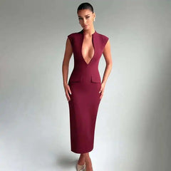 Deep Neck Short Sleeve Solid Midi Dress