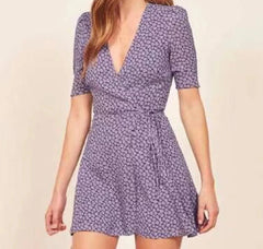 Purple Daisy Flower Print Short Sleeve Wrap Mini Dress