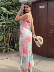 Floral Printed Mesh Bralette Maxi Dress