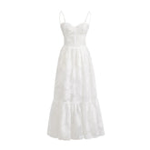 Jacquard Print Back Tie Up Strap Midi Dress