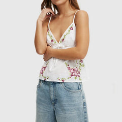 White Embroidery Flower Drawstring Top