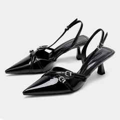 Black Strappy Pointed Toe Kitten Heels