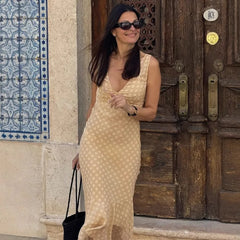 Beige Polka Dot Ruffle Midi Dress