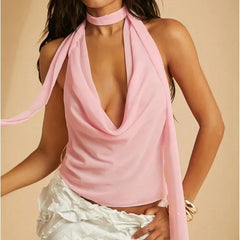 Cowl Mesh Bandage Scarf Top - Casual Regular Fit