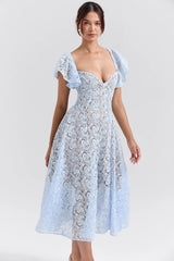 Blue Lace Flare Sleeve Midi Dress