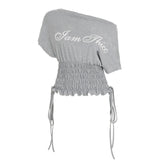 Ruched Drawstring Letter Print Grey Graphic Tee