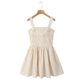 Khaki Plaid Strap Square Neck Mini Dress