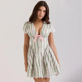 Plaid Print Puff Sleeve V-Neck Bow Flare Mini Dress