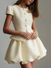 Beige Tweed Short Sleeve Top And Puff Mini Skirt Set
