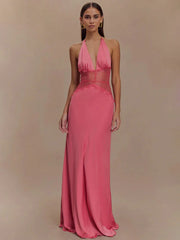 Lace Patchwork Halter Satin Maxi Dress
