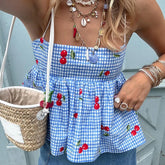 Blue Striped Floral Embroidery Tie Up Top
