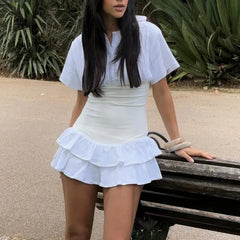 White Short Sleeve Collar Button Corset Patchwork Mini Dress