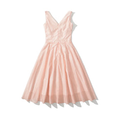 Pink Sleeveless V Neck A-line Midi Dress