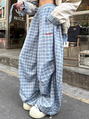Blue Plaid High Waist Wide Leg Baggy Sweatpants