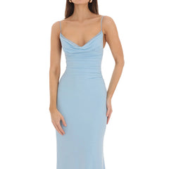 Solid Lace Trim Cowl Neck Maxi Dress
