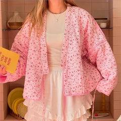 Women's Pink Printed Casual Knit Cardigan - Autumn/Winter Warm