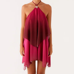 Red Gradient Halter Frill Wide Mini Dress