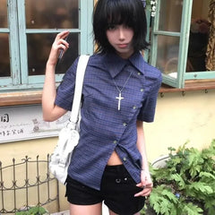Plaid Irregular Buttoned T-shirt
