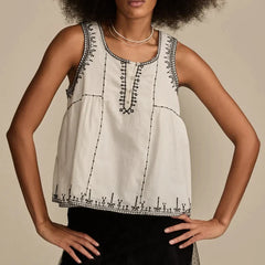 White Embroidered Sleeveless Tank Top