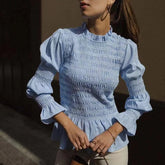 Pink Plaid Long Lantern Sleeve Smocked Top