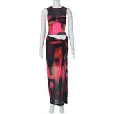 Printed Mesh Tank Top And Slit Midi Skirt Set