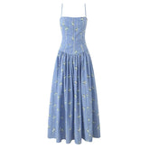 Purple Pleated Floral Print Strap Maxi Dress
