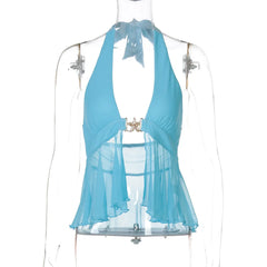 Deep Neck Mesh Metal Buckle Halter Vest Top