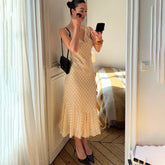 Beige Polka Dot Ruffle Midi Dress