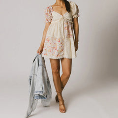 Floral Print Bow Tie Front Puff Sleeve Babydoll Mini Dress