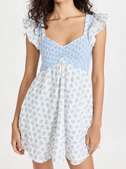 Blue Patchwork Printed Ruffle Strap Mini Dress