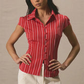 Red Stripe Short-Sleeved Button-Up Shirt